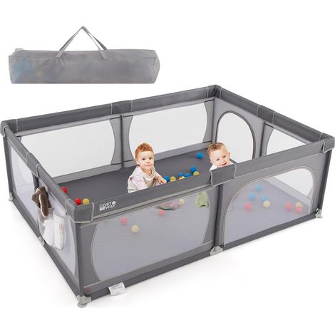 COSTWAY Baby Laufstall mit 50 Bällen & 2 Türen, Laufgitter mit Seitentasche, atmungsaktivem Netz & Reißverschluss, Laufgitterzelt für Säuglinge & Kleinkinder, 205 x 147cm(Dunkelgrau, Ohne Matratze) (1/5)