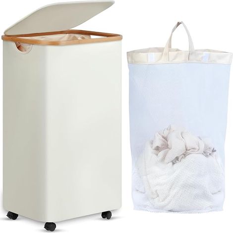 Panier à Linge sur Roues, Panier à Linge XL 100L avec Couvercle, Panier à Linge Pliable avec Poignées en Bambou et sac Amovible pour la Chambre, la Salle de Bain, la Buanderie (1/5)