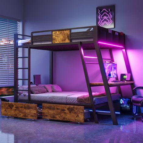 Letto a soppalco 90 x 200 cm con scrivania gaming integrata, LED, USB e Type-C, nero DESVIAE (1/5)