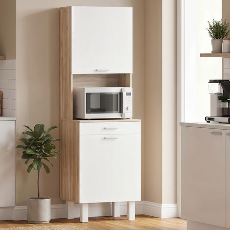 Buffet haut cuisine. armoire de cuisine avec 2 portes. tiroir et plan de travail. 55x40x174 cm. blanc et bois naturel