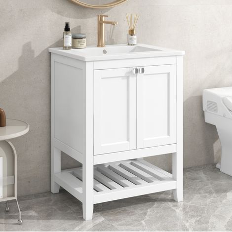 Meuble vasque 61x46x90 cm en bois et MDF blanc, avec rangement pour salle de bain FLORAGRACE (1/5)