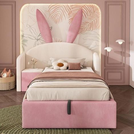 Lit enfant - KOMHTOM - 90x190 - Velours oreilles de lapin - Coffre hydraulique - Table de chevet ouvrable (1/5)