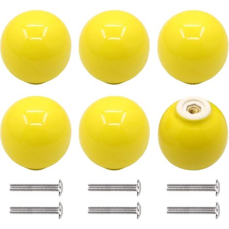Lot de 6 boutons de placard en céramique jaune, poignées rondes colorées pour tiroirs et portes, avec vis. (1/5)