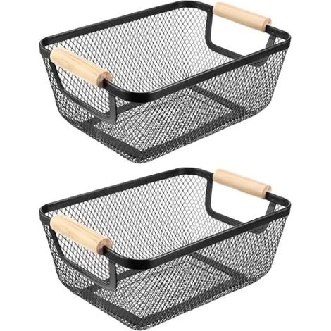 Paniers Métalliques, 2Pcs Paniers De Rangement En Métal Noir Panier De Cuisine Avec Poignées En Bois Paniers Multifonctionnels En Maille Métallique Paniers D'étagère Pour Cuisine Garde-Manger (1/5)