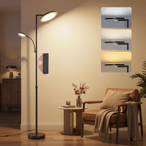Lampadaire LED Réglable en Hauteur, Lampe sur Pied 42 W, Tête Orientable, pour Chambre, Bureau, Lampe de Lecture, Minuterie, Commande par Boutons et Télécommande, Noir Mat (1/5)