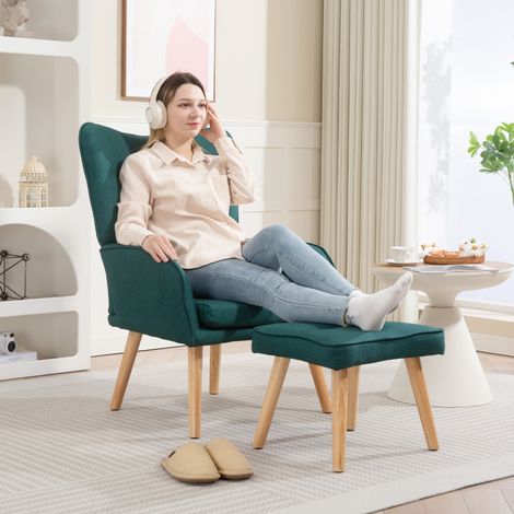 Sillón con Reposapiés Sillón Lectura con Respaldo Alto Capitoné Patas de Madera y Tapizado en Lino Verde Oscuro (1/5)