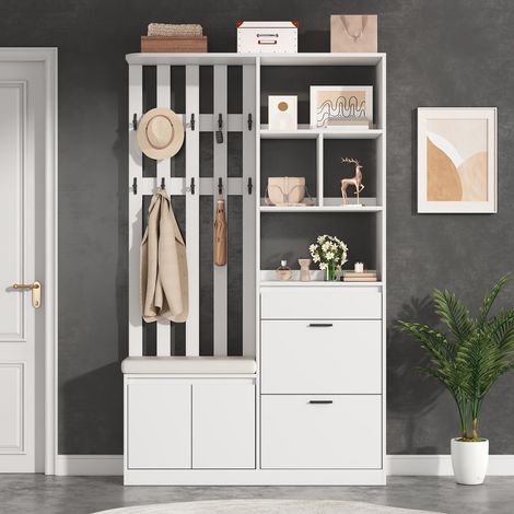 Modernluxe - Ensemble vestiaire d'entrée - Banc rembourré - 2 meubles à chaussures et 1 tiroir - 2 portes et 10 crochets - Blanc (1/5)