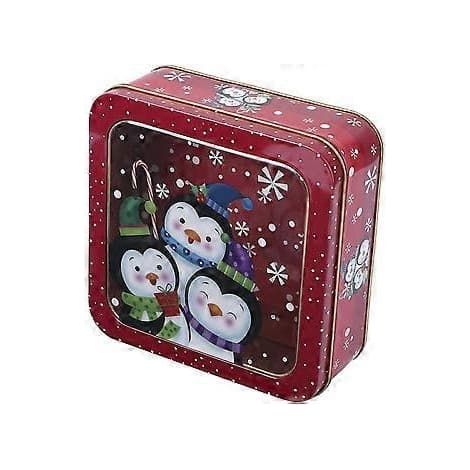 Emballage cadeauBoîte à bonbons en métal sur le thème de Noël (pingouins), en tôle rouge, 15 x 15 x 5,5 cm (1/5)