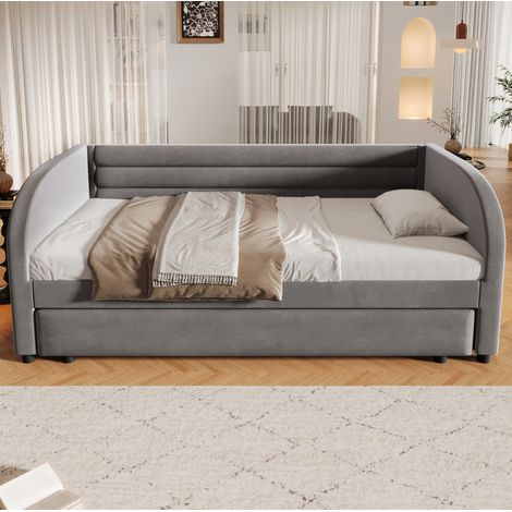 Gepolstertes Plattformbett 90x200 mit Ausziehbett und LED-Beleuchtung, Grau, OKWISH (1/5)