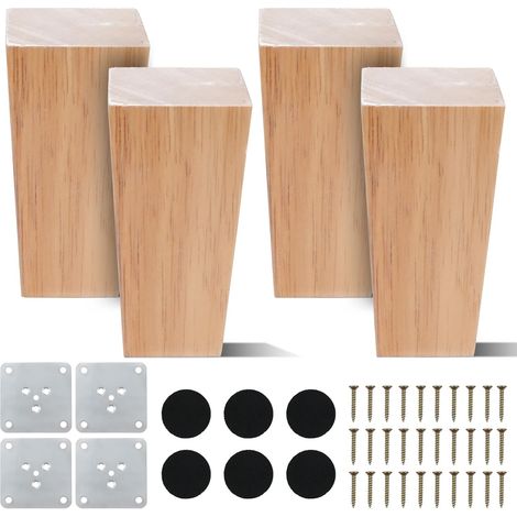 4 Pcs 10 cm Pieds de Meuble en Bois Massif Pieds de Table en Bois Square Pieds de Canapé de Rechange pour Lit Banc Fauteuil Armoire Meuble TV avec Plaque de Montage Vis Protecteur Antidérapant (1/5)