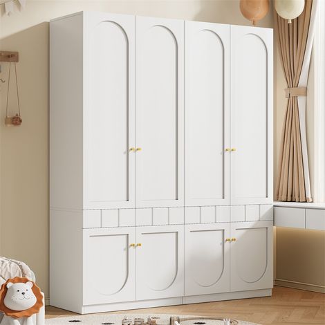 Armoire de Chambre 2 Portes - 160x50x200cm - Set de 2 Garde-robes avec Penderie et Tiroirs Push-to-Open - Finition Laquée - Blanc (1/5)