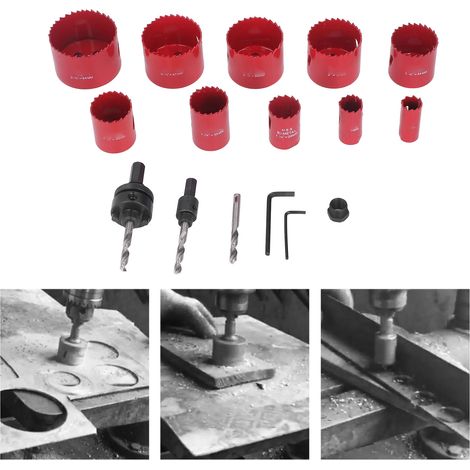 16-teiliges Set bestehend aus einer roten Metalllochsäge, einem Spiralbohrer und einem Positionierbohrer (1/5)