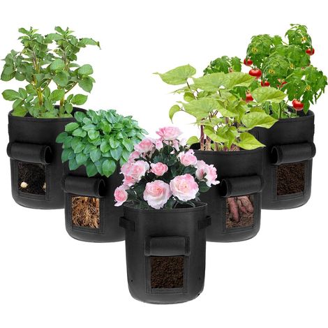 5 Pcs Potato Planting Bags 10 Gallon Black Grow Bag with Harvest Window for Gardening, Vegetables (1/5)