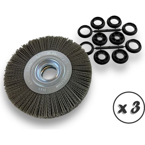 Lot de 3 brosses circulaires NYLON Abrasif Ø 175 mm Epaisseur 3 rangs Carbure de silicium Grain 80 Alésage 32 mm + réducteur bague 25/22/20/16/12 mm Touret ponceuse Kibros 235178KR80x3 (1/5)