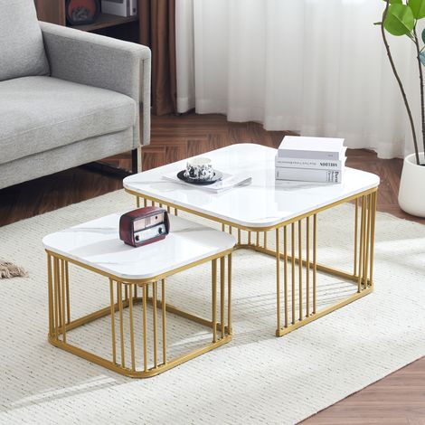 Lot de 2 tables gigognes - plateau en MDF à motif de marbre - pieds dorés - Blanc (1/5)