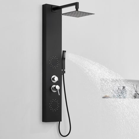 Auralum Columna de Ducha Hidromasaje Negra, Panel de Ducha con Rociador de Lluvia de 25 cm de Acero Inoxidable 304, Ducha de Mano, Jets de Masaje Corporal, Cuerpo de Latón y Sistema 3 en 1 para Baño (1/5)