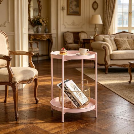 Table basse ronde avec rangement, métal, rose HAVRYA (1/5)