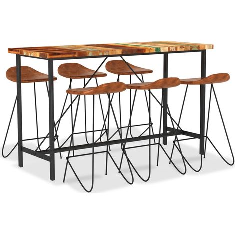 Ensemble de bar 7 pcs Bois de récupération et cuir véritable (1/5)
