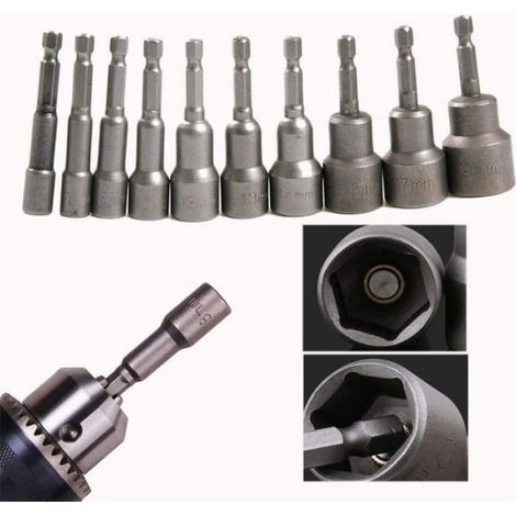 Douille Magnétique - 1/4 Pouces - 6 mm à 19 mm - Pour Visseuse Électrique Pneumatique - Lot de 10 (1/4)