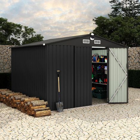 Abri de jardin métallique 8×10 FT en acier galvanisé, grande capacité avec porte verrouillable, toit incliné et ventilation extérieure (1/5)