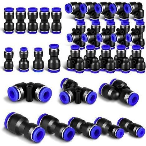 Pneumatikverschraubungen, Set aus 24 8-mm-Kunststoff-Pneumatikverbindern, Schnellverbinder für Druckluftschläuche, gerade, Winkel-, T-Stücke, Abzweiger und Reduzierstücke. (1/5)