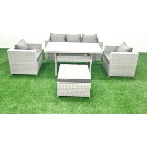 Fimous Garden Dining Set Outdoor Rattan Furniture Set with Sofa Dining Table 2 Chairs Big Footstool Light Grey Mixed (1/5)