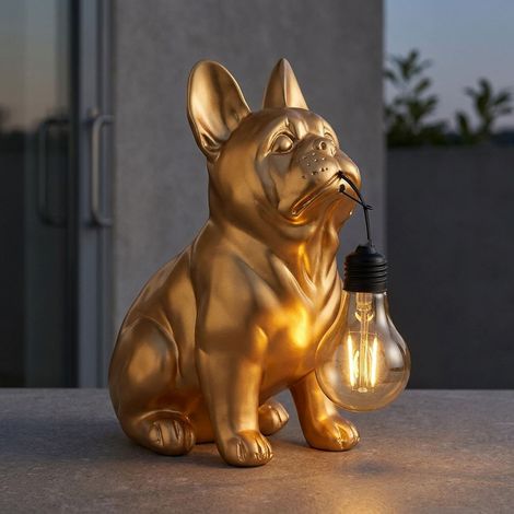 LED Solarleuchte Außenbereich Gartenleuchte goldfarben Bulldogge H 23,5 cm (1/5)