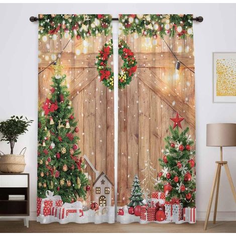 Rideaux de fenêtre en bois de grange rustique pour Noël : rideaux à motif de sapin de Noël, rideaux occultants avec poche pour tringle, parfaits pour chambre et salon, dimensions 82 x 84 pouces pour d (1/5)