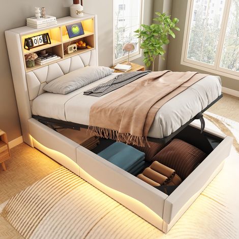 Lit enfant 90×200cm avec espace de rangement hydraulique, bande lumineuse LED contrôlée par application, port de chargement USB, cadre à lattes métalliques, revêtement en lin, beige., garantie 2 ans (1/5)