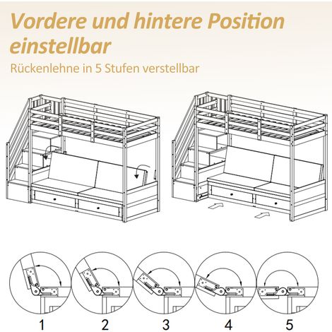 Lit superposé enfant 2 lits, lit évolutif multifonction avec escalier rangement et 2 tiroirs, sans matelas, niveau inférieur convertible en canapé ou lit, oreillers inclus, blanc, 90x200 cm (1/5)