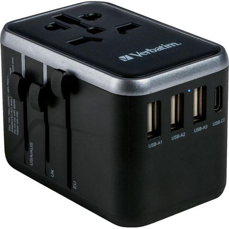 Verbatim UTA-04 Global-Reiseadapter: 1x USB-C PD 61W QC 18W, 1x USB-C 12W, 3x USB-A 12W