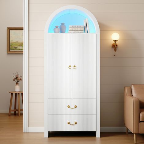Vaisselier Buffet Haut Blanc 76x38x180cm - Armoire de Rangement avec LED Connectée App - Vaisselier Moderne 2 Portes 2 Tiroirs Cannelés Salon (1/5)