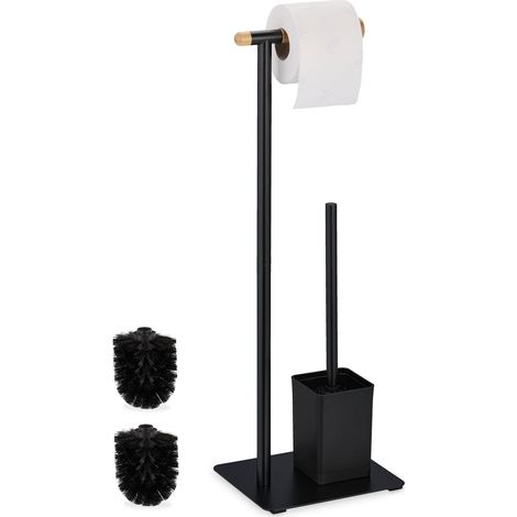 Serviteur WC, Bambou, Acier Inoxydable, Support à Poser, Brosse et Porte-Brosse, Noir - Nature (1/5)