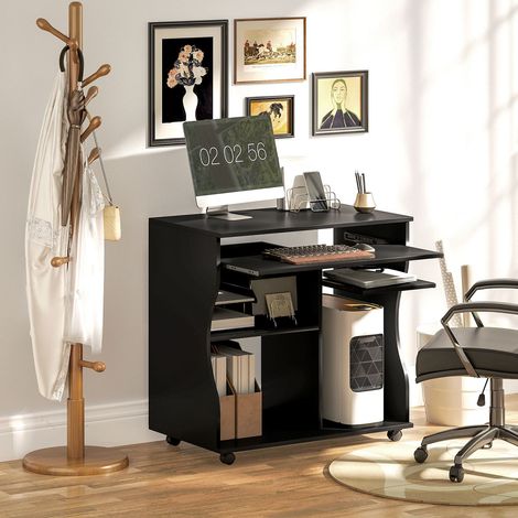 Bureau informatique 80x48x75 cm noir, roulettes, plateau clavier et emplacement pc, polyvalent (1/5)