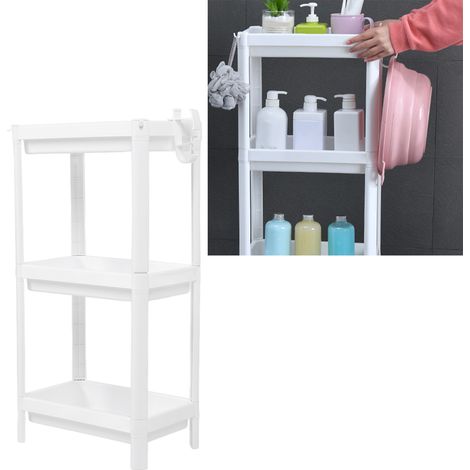 Étagère de rangement blanche sur pied pour salle de bain, étagère de rangement étroite à trois niveaux. (1/5)
