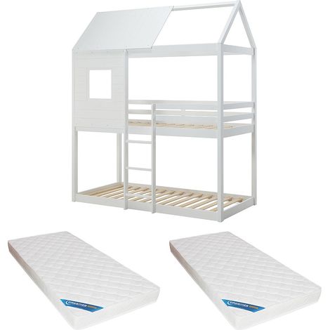 Lits superposés cabane 2 x 90 x 190 cm - Pin et MDF - Blanc + Matelas - LIDOVARA