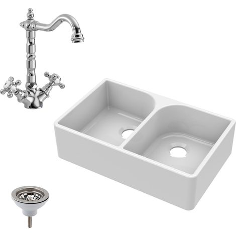 Fireclay 795mm Double Bowl Full Weir Butler Kitchen Sink - Classic Tap & Waste - Ceramic Kitchen Sink & Tap Set (1/5)