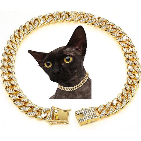 Collier doré pour animaux de compagnie — Chaîne en métal ornée de strass, style maillons cubains, convient aux chiens et chats de petite, moyenne et grande taille (20 cm). (1/4)