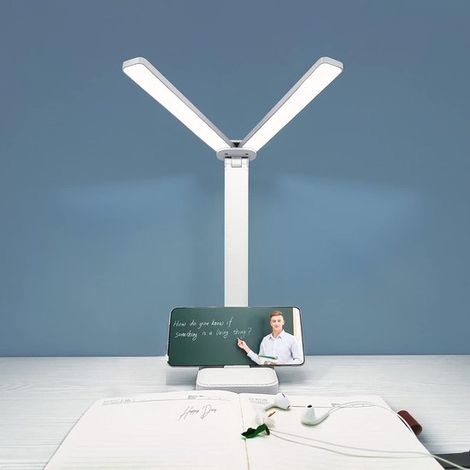 Lámpara de escritorio blanca，funciona con pilas y es recargable. Ideal para que los niños lean，estudien y para usar en la residencia estudiantil