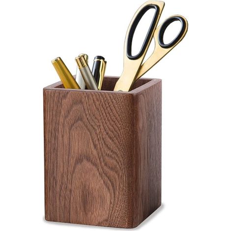 Portalápices cuadrado de madera，Madera maciza de nogal negro，Organizador de escritorio，1 compartimento，10,5 cm de alto，Madera，Marrón (1/5)