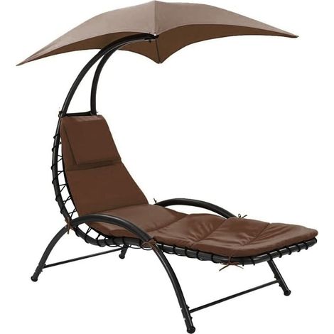 TRADE SHOP - Sedia Sdraio Lettino Con Ombrellone Parasole Cuscino Amaca In Acciaio Da Esterno Giardino - Marrone (1/2)
