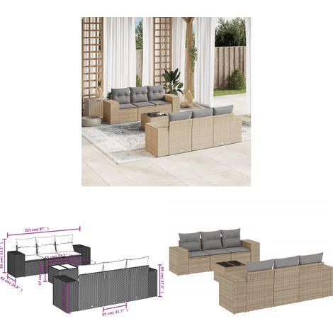 7-tlg. Garten-Sofagarnitur mit Kissen Beige Poly Rattan - Gartenmöbel Set - PE-Rattan Möbel - Outdoor Lounge - Esstisch Set - Balkonmöbel - Home & Living (1/3)