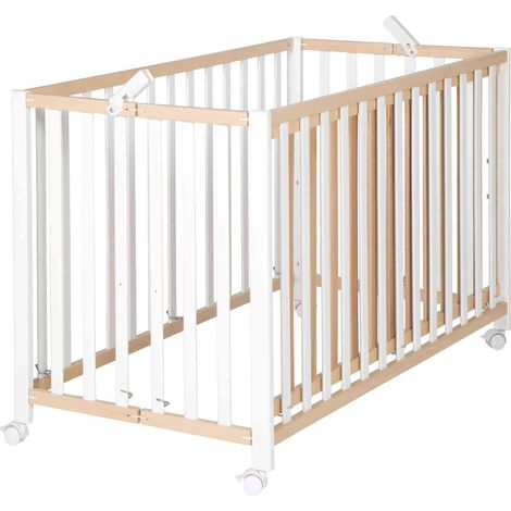 Lit bébé pliant 60 x 120 cm – Pliable avec roulettes – Bois blanc – Pratique pour déplacements – Roba (1/3)