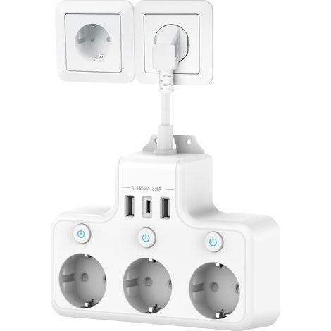 Wall power strip with individual switch, 3 USB-C sockets and 3 USB chargers, short 0.1 m cable, ideal for the kitchen or office. Color: white. (1/5)