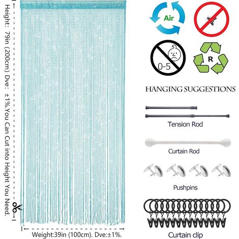 Rideau de porte anti moustiques et insectes 100 x 200 cm en fibre de polyester avec fil argenté et crochets pour porte couleur bleue (1/5)