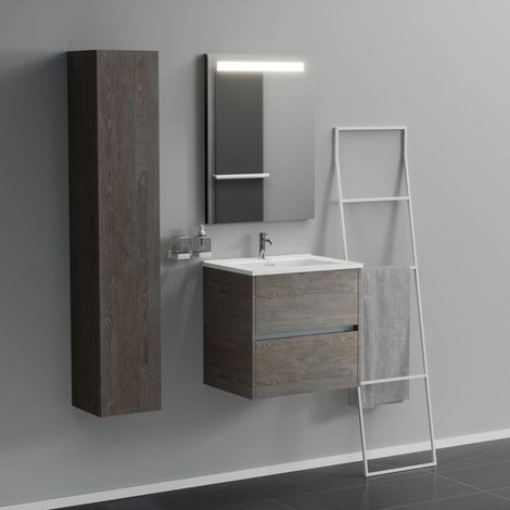 Inda - Badezimmerschrank 2 Schubladen L.60 mit beleuchtetem Spiegelwaschbecken - Geräucherte Ulme