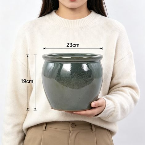 Pot céramique artisanal Ø23 cm, bleu-vert antique tacheté brillant, respirant, antigel, drainage, pour petites plantes, balcon urbain et rebord de fenêtre. (1/5)