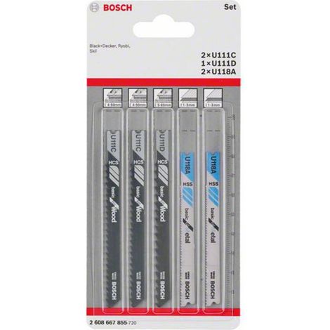 Bosch Accessories 2608667855 Kit di lame per seghetto alternativo Basic for Wood and Metal, 5 pezzi, gambo universale 5