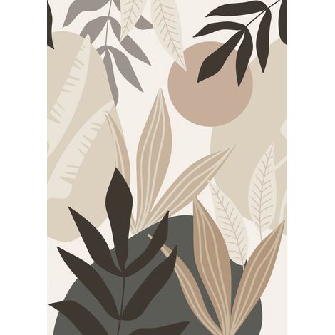 Papier peint panoramique feuilles tropicales beige et gris – Dimensions 200 x 279 cm – Papier intissé écologique – Facile à poser – Estahome (1/5)