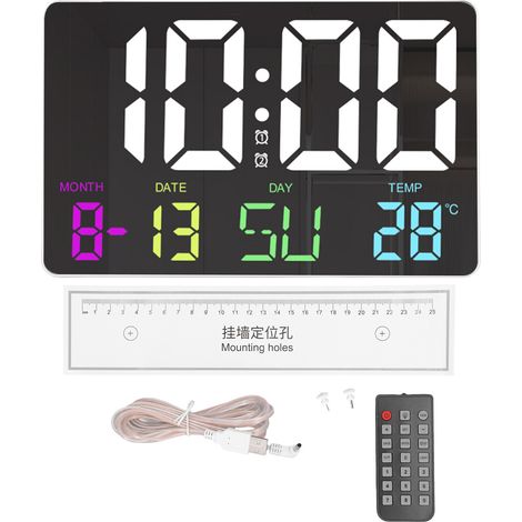 Digitale Wanduhr mit Fernbedienung, einstellbarem RGB-LED-Display, 5 Helligkeitsstufen, Kalender und Temperaturanzeige, großer digitaler Wecker fürs Schlafzimmer, 5-V-Netzteil, Schwarz (1/5)
